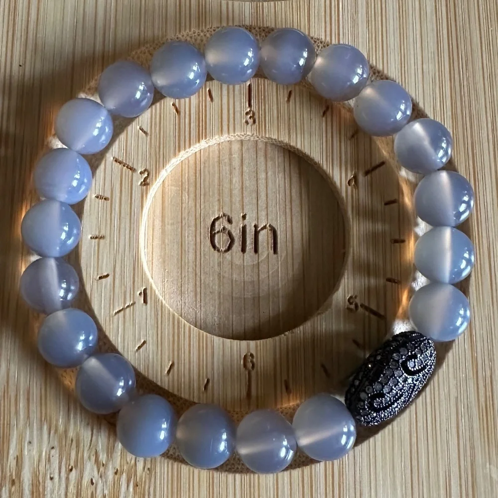 Polished 8mm Chalcedony Stretch Bracelet w/ Jet Crystal Pave Filigree Spacer